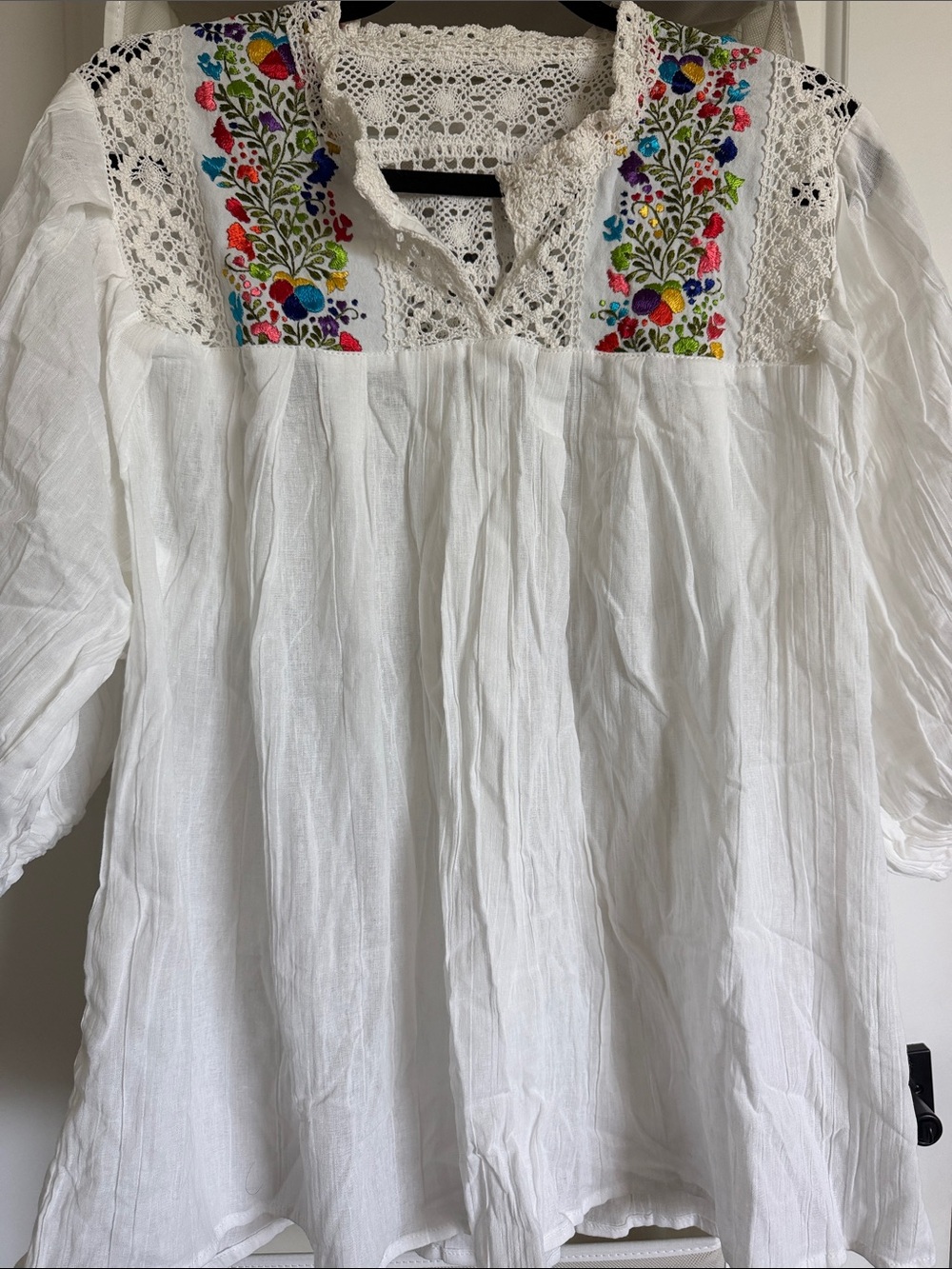 White Embroidered Crochet Yoke Peasant Top